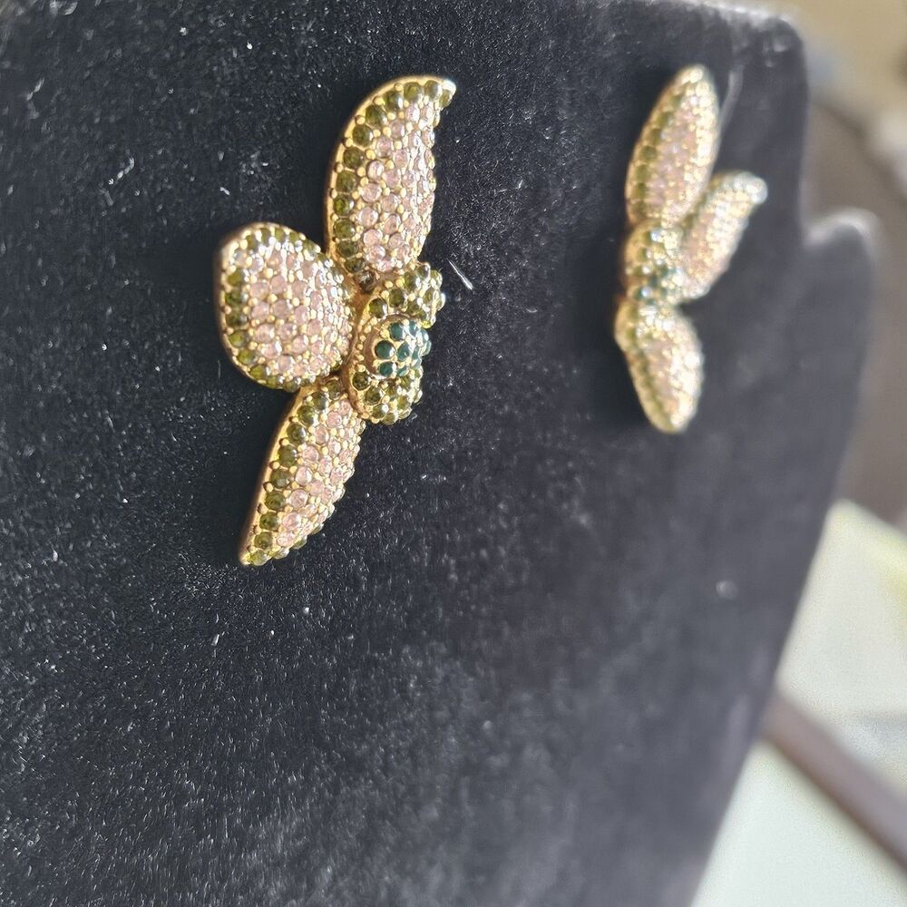 STELLA & DOT Flower Pink Green Pave Rhinestone Pierced Earrings - Picture 7 of 12